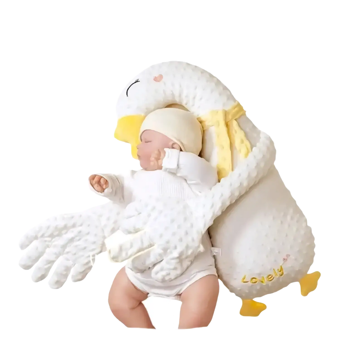 White plush swan-shaped baby sleep aid with yellow beak feet and bow soothing hand doll for infants
