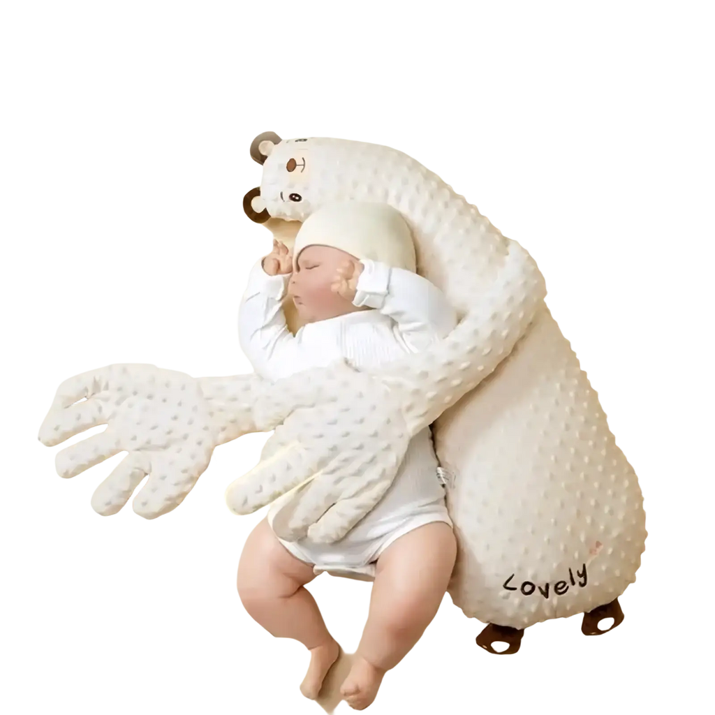 White textured plush bear-shaped baby sleep aid hand doll with embroidered face and lovely stitching for soothing