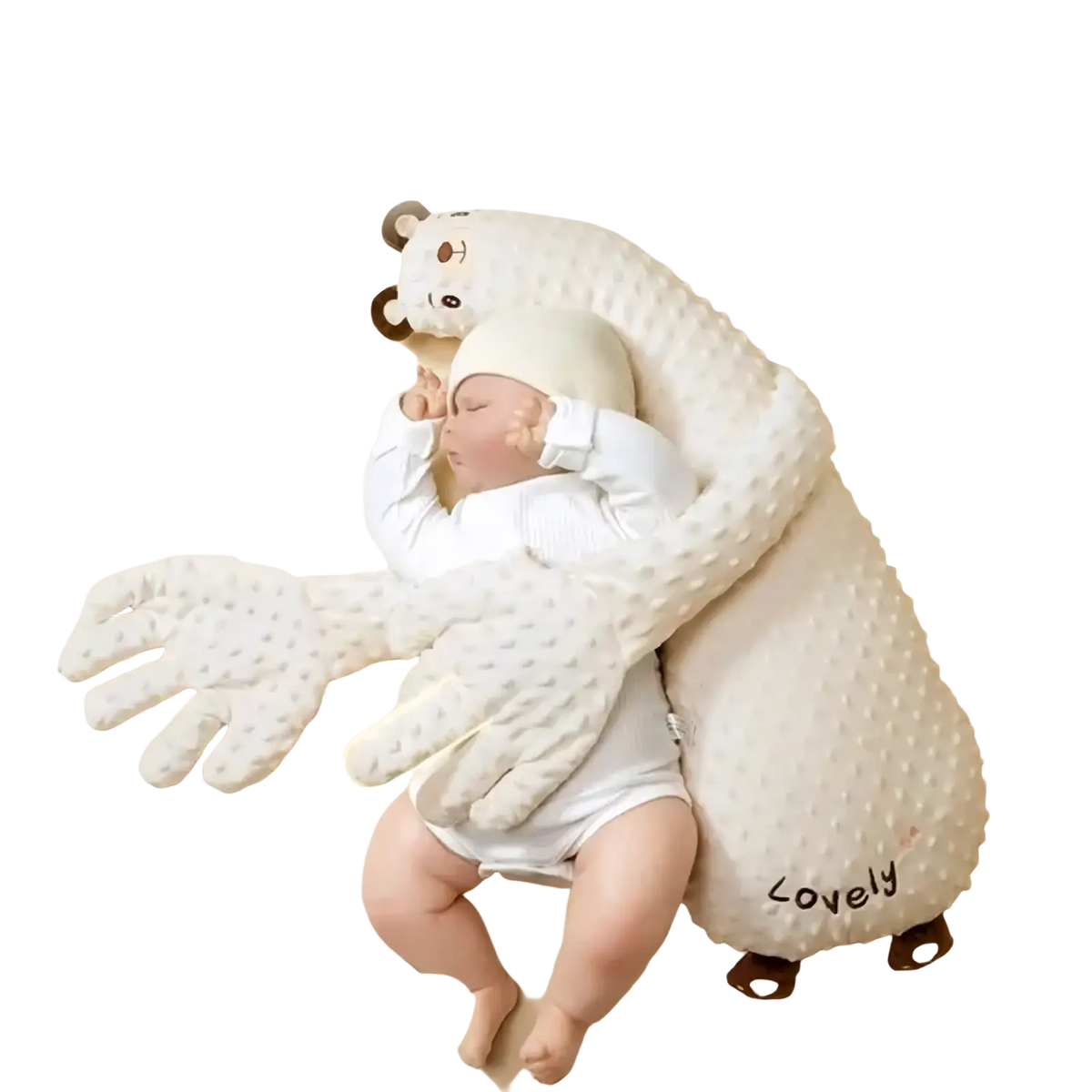 White textured plush bear-shaped baby sleep aid hand doll with embroidered face and lovely stitching for soothing