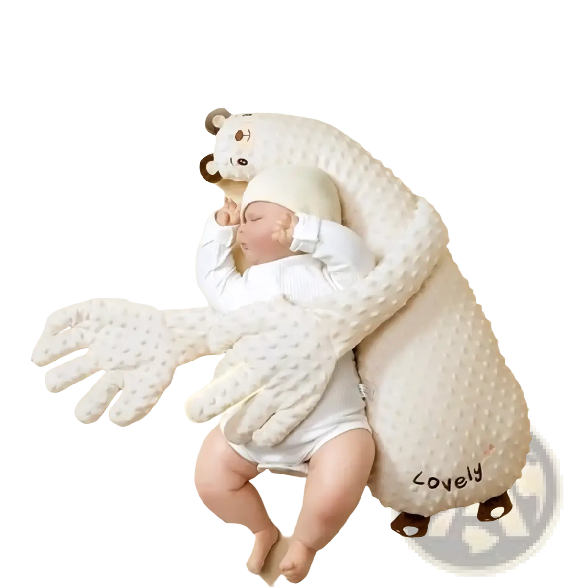 White textured plush bear-shaped baby sleep aid hand doll with embroidered face and lovely stitching for soothing