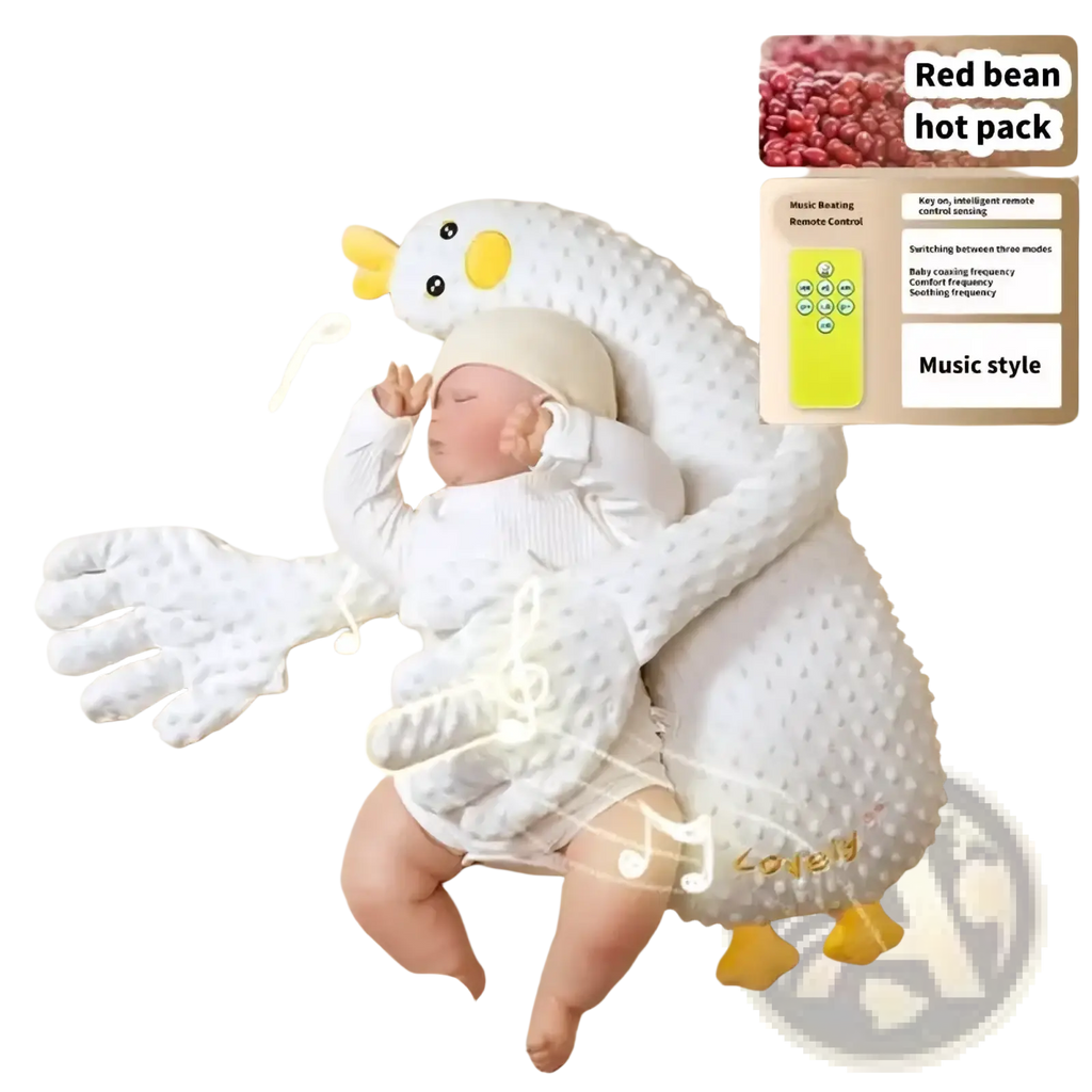 White textured duck-shaped baby sleep aid plush with yellow beak and feet featuring red bean hot pack for warmth