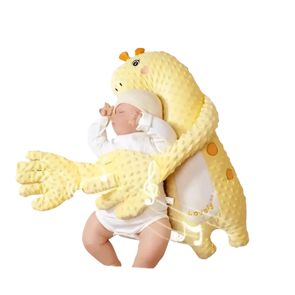 Yellow giraffe-shaped baby sleep aid soothing plush hand doll with textured fabric and orange spots