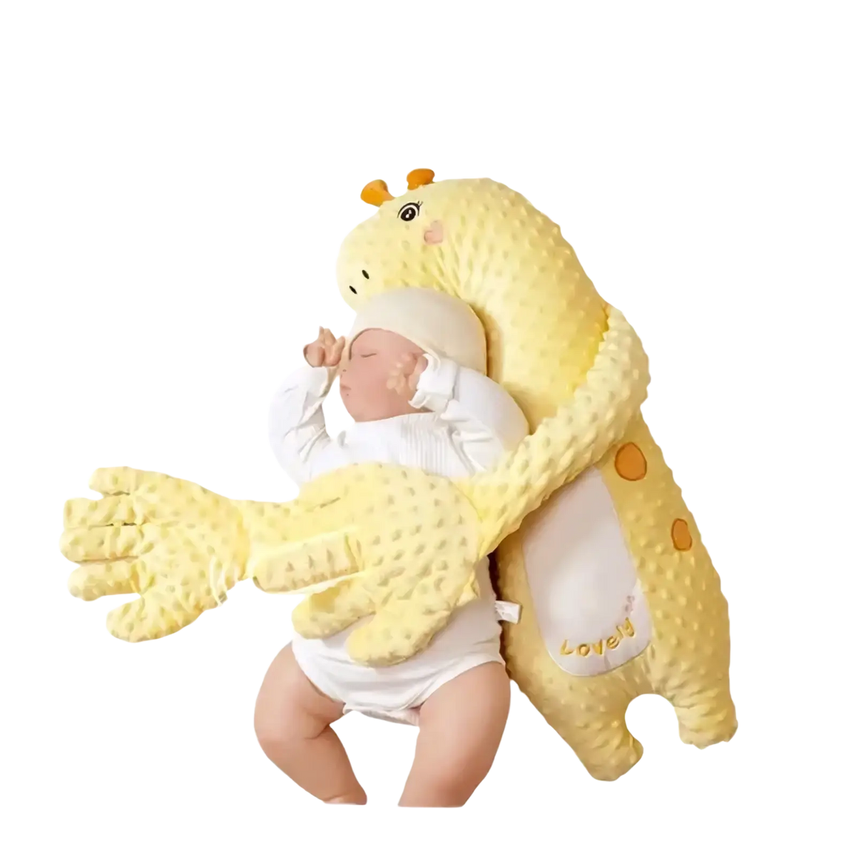 Yellow giraffe-shaped baby sleep aid plush hand doll with textured fabric and orange spots for soothing comfort