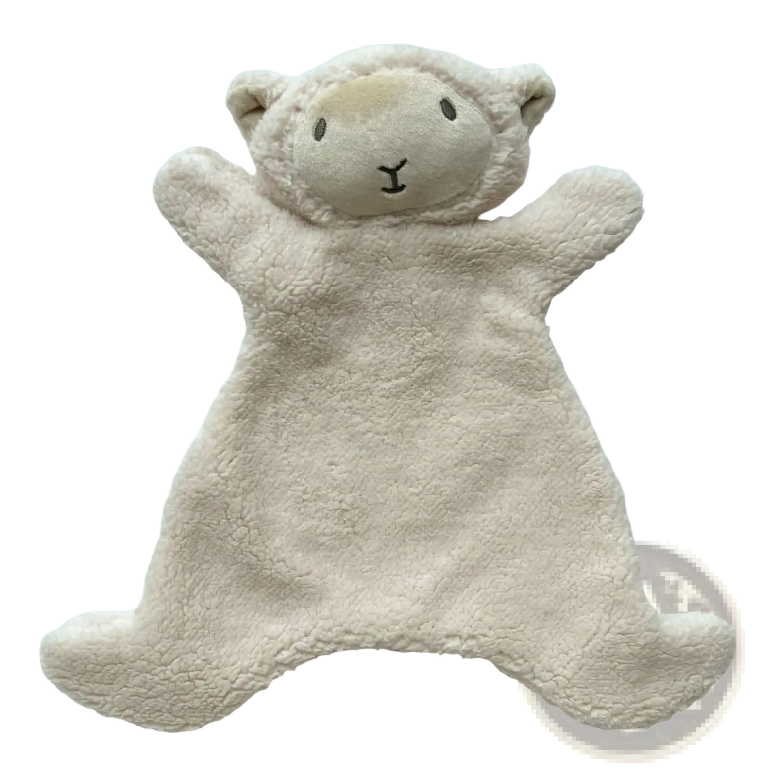 Cream-colored plush sheep-shaped comforter with soft textured fabric and embroidered facial features for baby photography