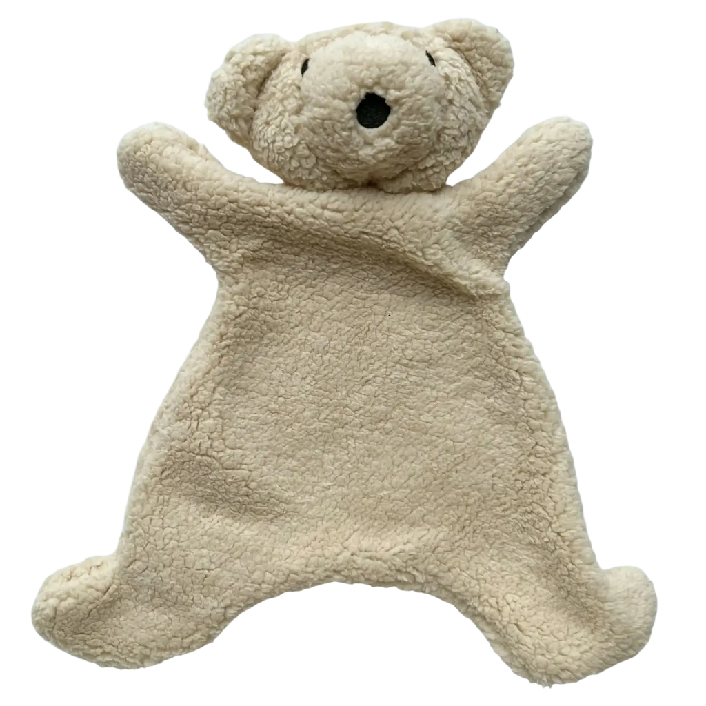 Beige plush teddy bear-shaped blanket with soft textured fur and black embroidered eyes and nose for baby soothing