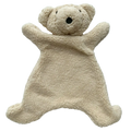 Beige plush teddy bear-shaped blanket with soft textured fur and black embroidered eyes and nose for baby soothing