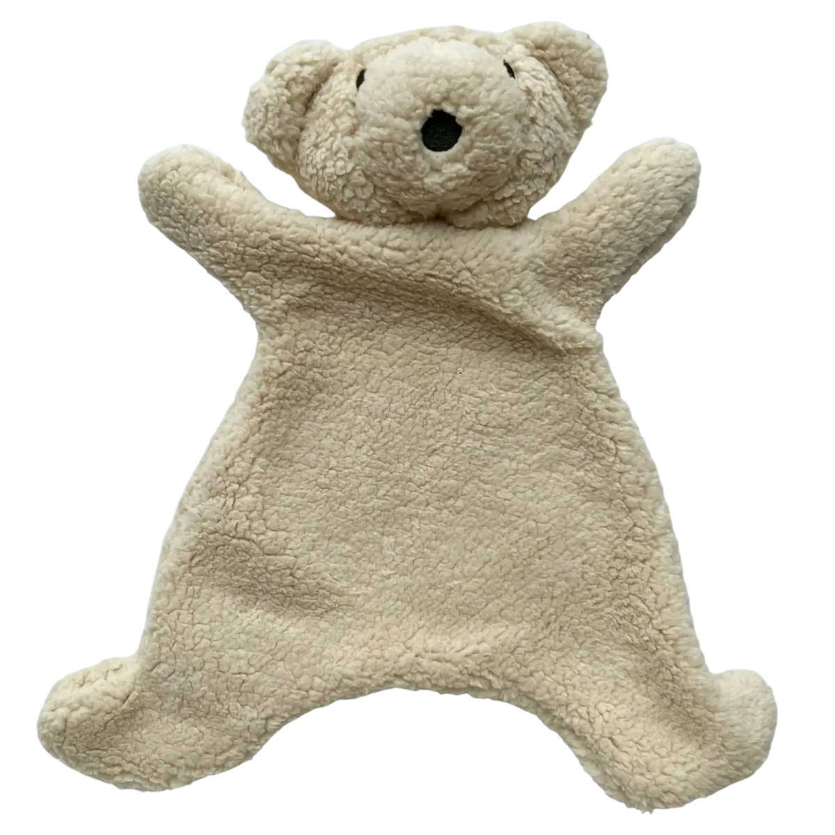 Beige plush teddy bear-shaped blanket with soft textured fur and black embroidered eyes and nose for baby soothing