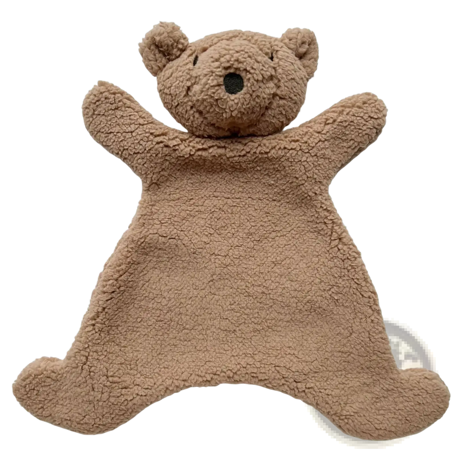 Baby soothing plush bear doll photography prop is a soft tan teddy bear blanket with a textured surface and embroidered features