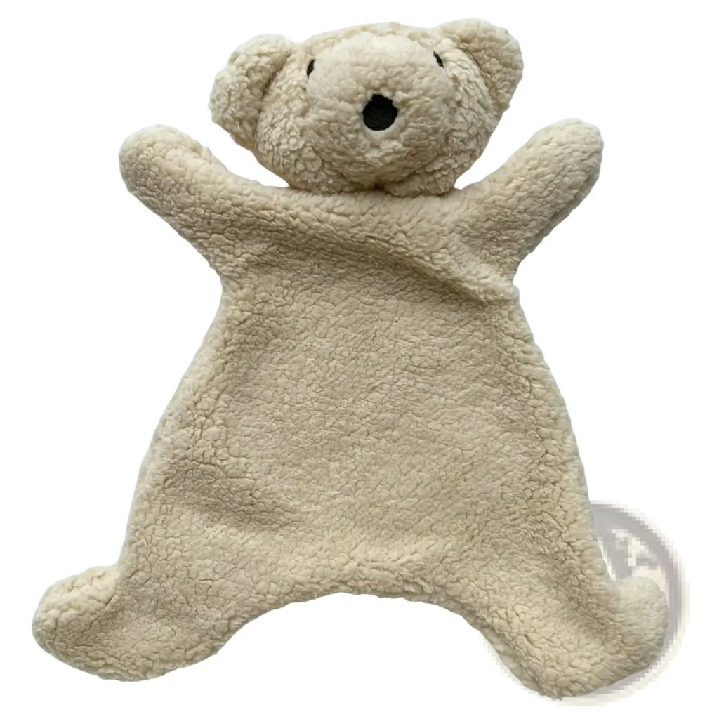 Beige plush teddy bear-shaped blanket with soft textured fur and black embroidered eyes and nose for baby soothing