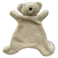 Beige plush teddy bear-shaped blanket with soft textured fur and black embroidered eyes and nose for baby soothing