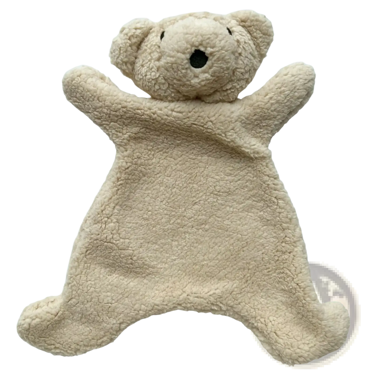 Beige plush teddy bear-shaped blanket with soft textured fur and black embroidered eyes and nose for baby soothing