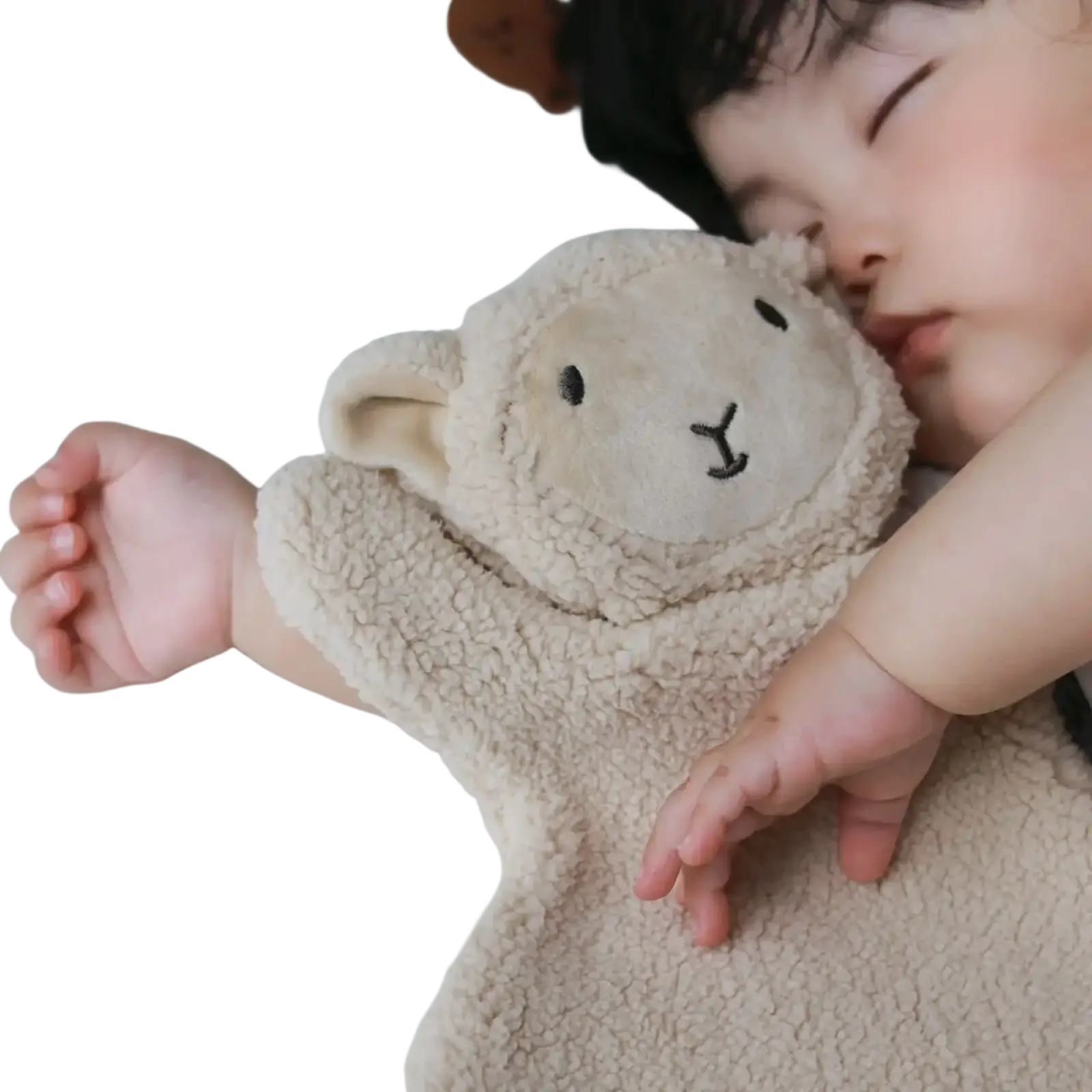 Soft beige fleece lamb-shaped baby soothing plush bear doll blanket with embroidered black eyes and nose used as photography prop