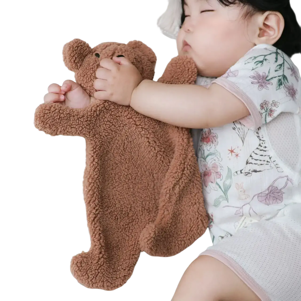 Soft brown plush teddy bear doll with textured fur and embroidered eyes for baby soothing and photography prop purposes