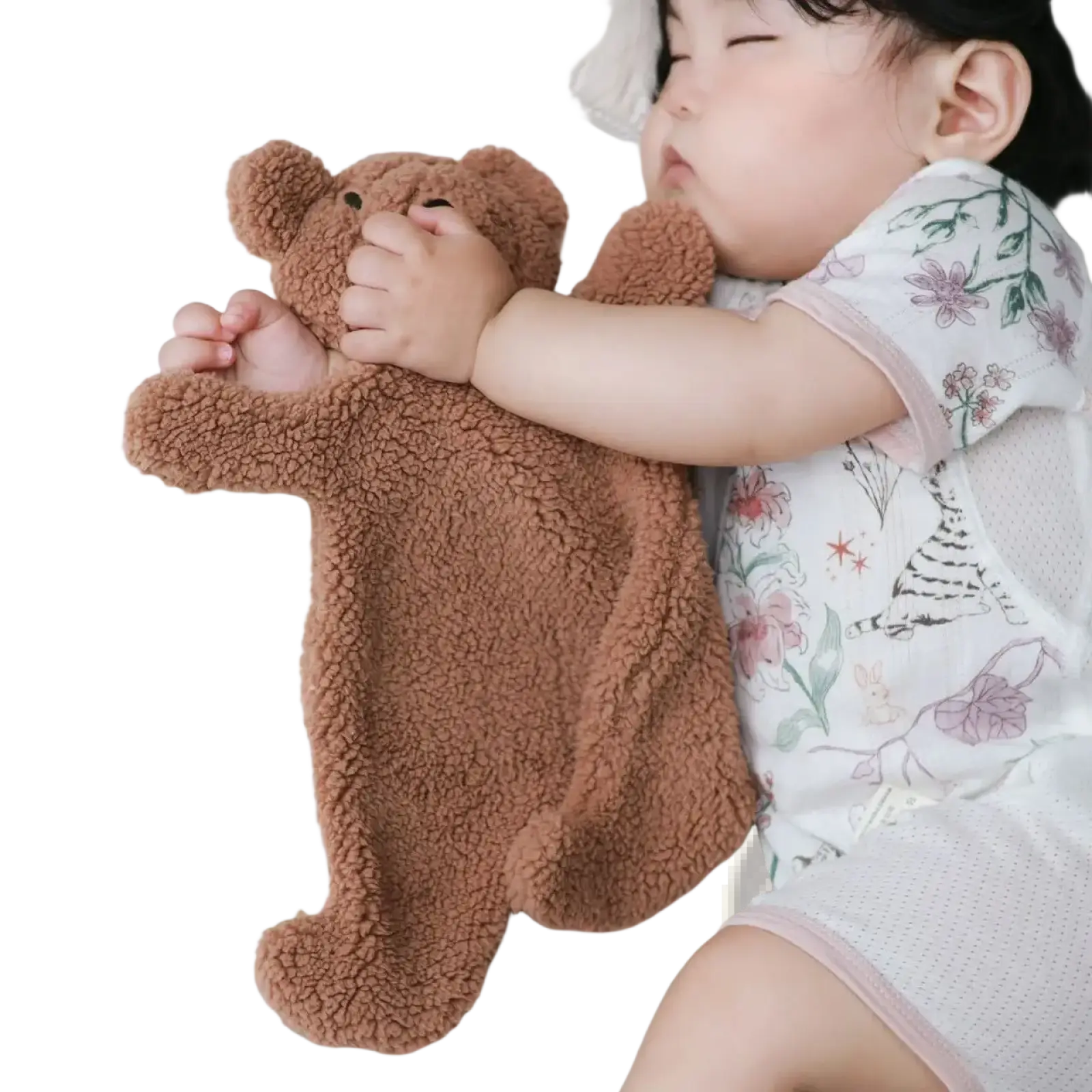 Soft brown plush teddy bear doll with textured fur and embroidered eyes for baby soothing and photography prop purposes
