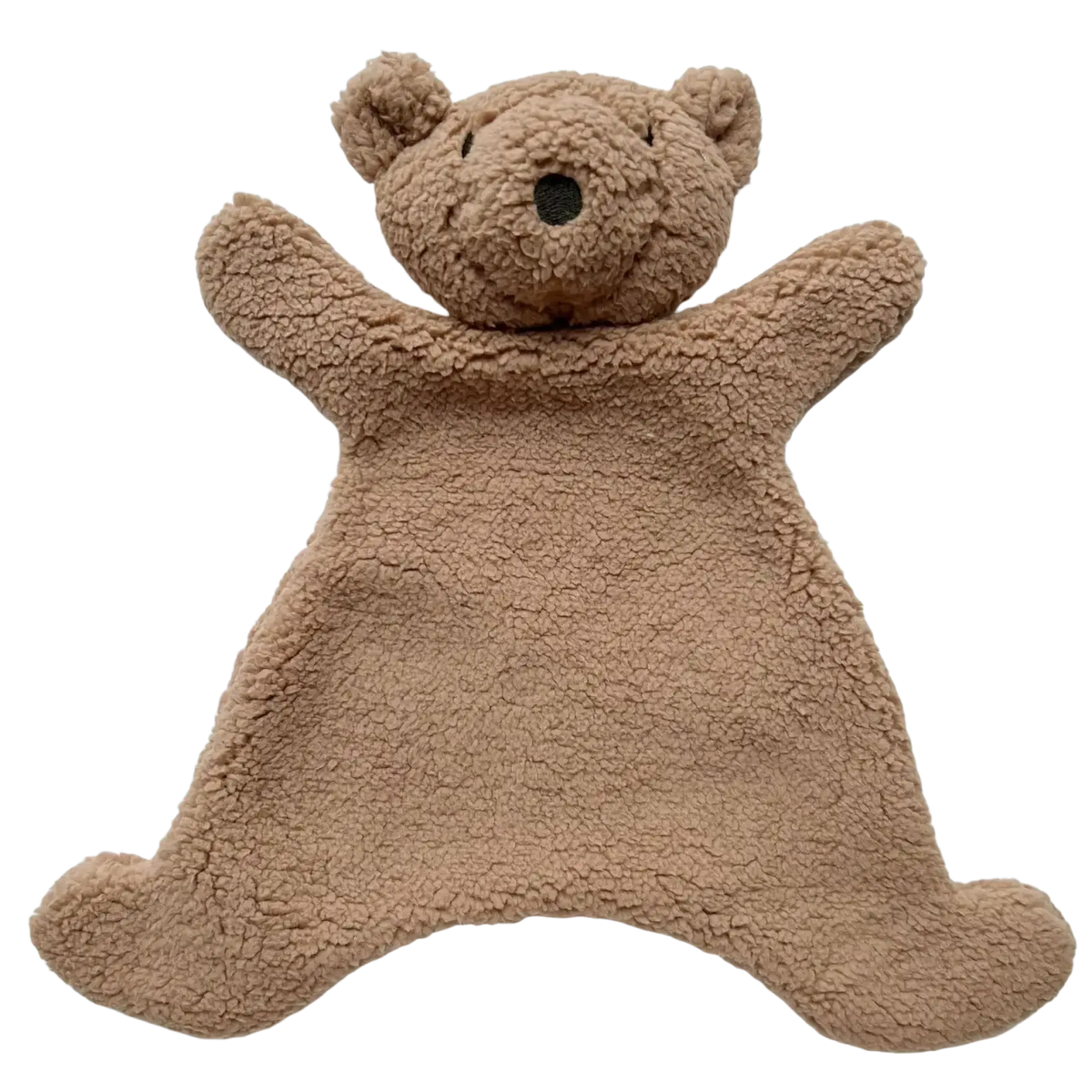 Baby soothing plush bear doll photography prop is a soft tan teddy bear blanket with a textured surface and embroidered features