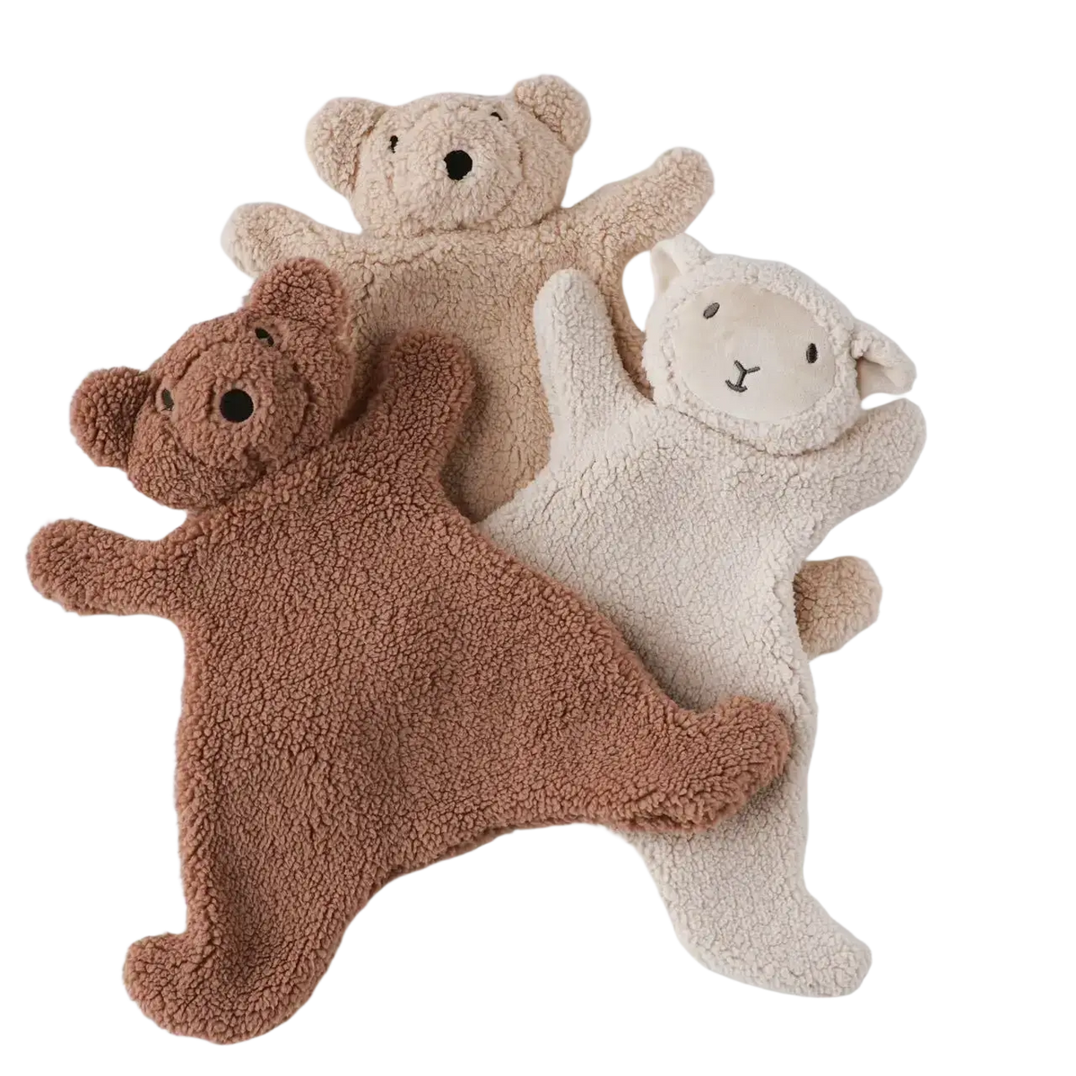 Soft plush teddy bear and lamb-shaped baby soothing blankets in warm brown and cream colors for photography props