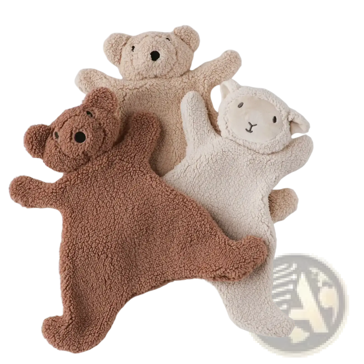 Soft plush teddy bear and lamb-shaped baby soothing blankets in warm brown and cream colors for photography props