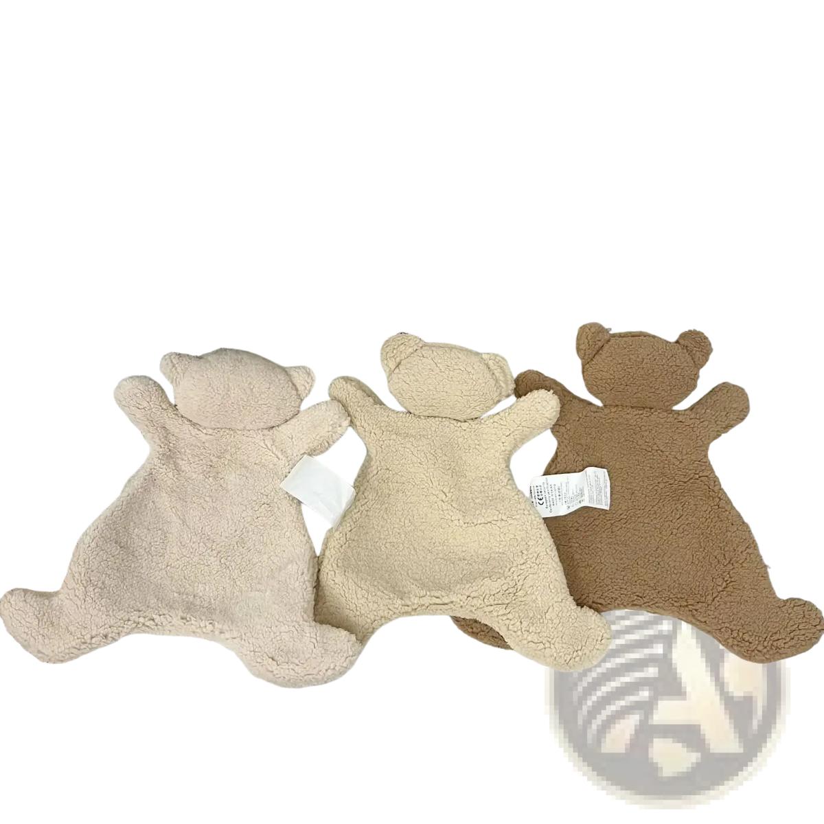 Three baby soothing plush bear doll photography props in soft beige cream and brown textured fleece material