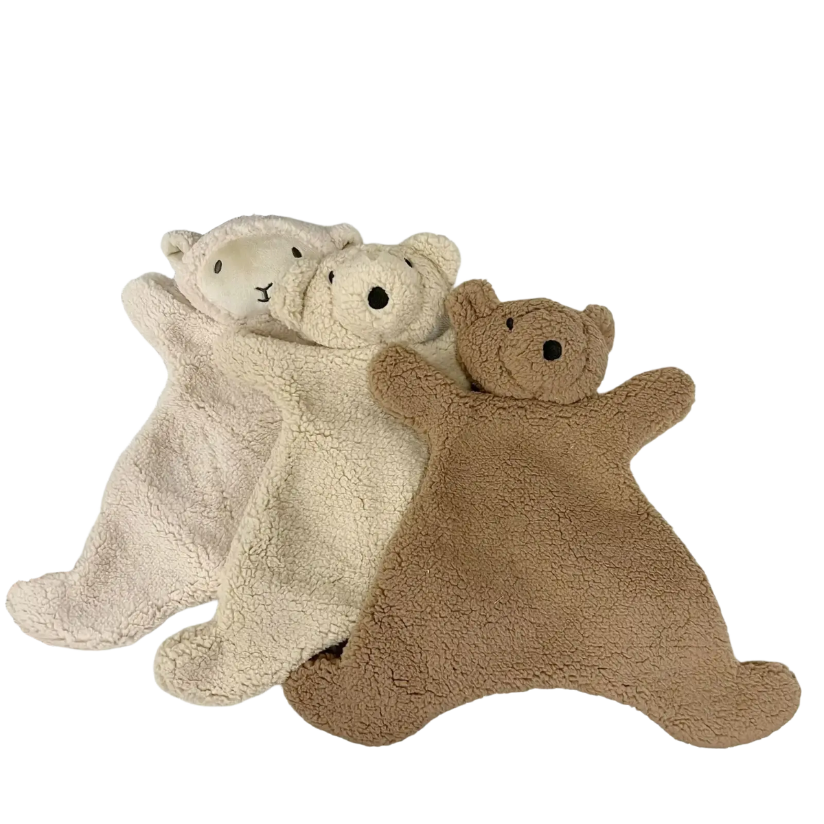 Two baby soothing plush bear doll photography prop comforters in creamy off-white and warm brown soft fleece material