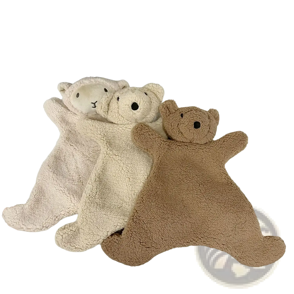 Two baby soothing plush bear doll photography prop comforters in creamy off-white and warm brown soft fleece material