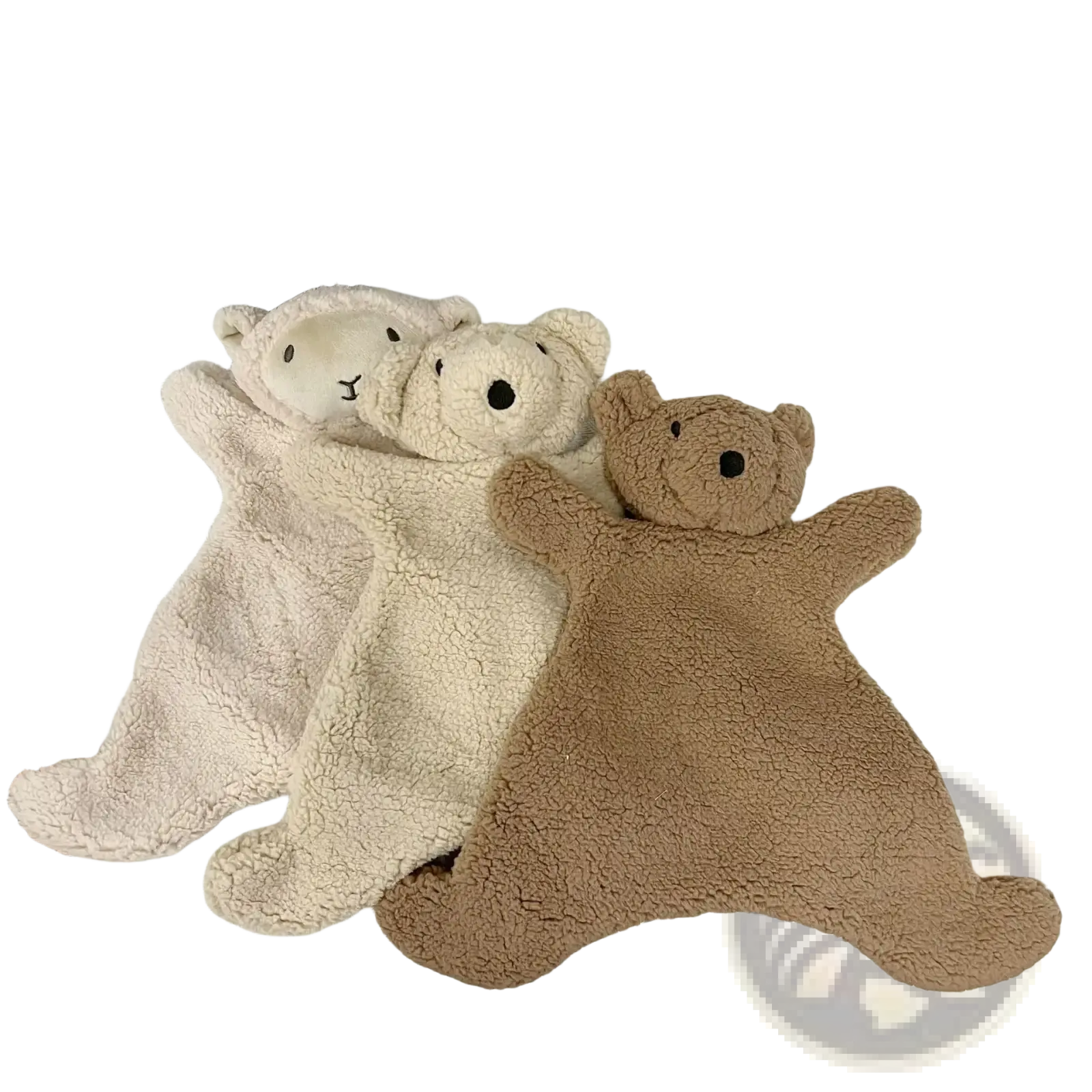 Two baby soothing plush bear doll photography prop comforters in creamy off-white and warm brown soft fleece material
