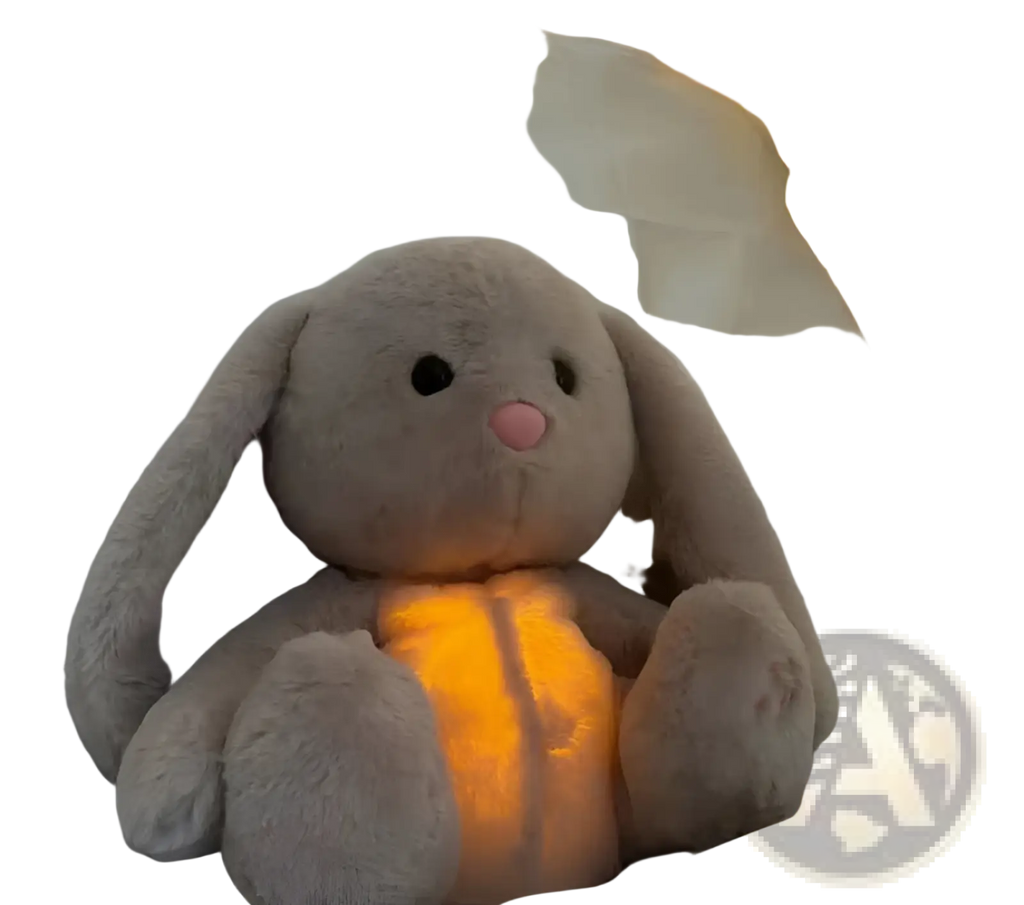 A soft gray plush bunny baby soothing sleep toy with glowing orange light and music breathing feature