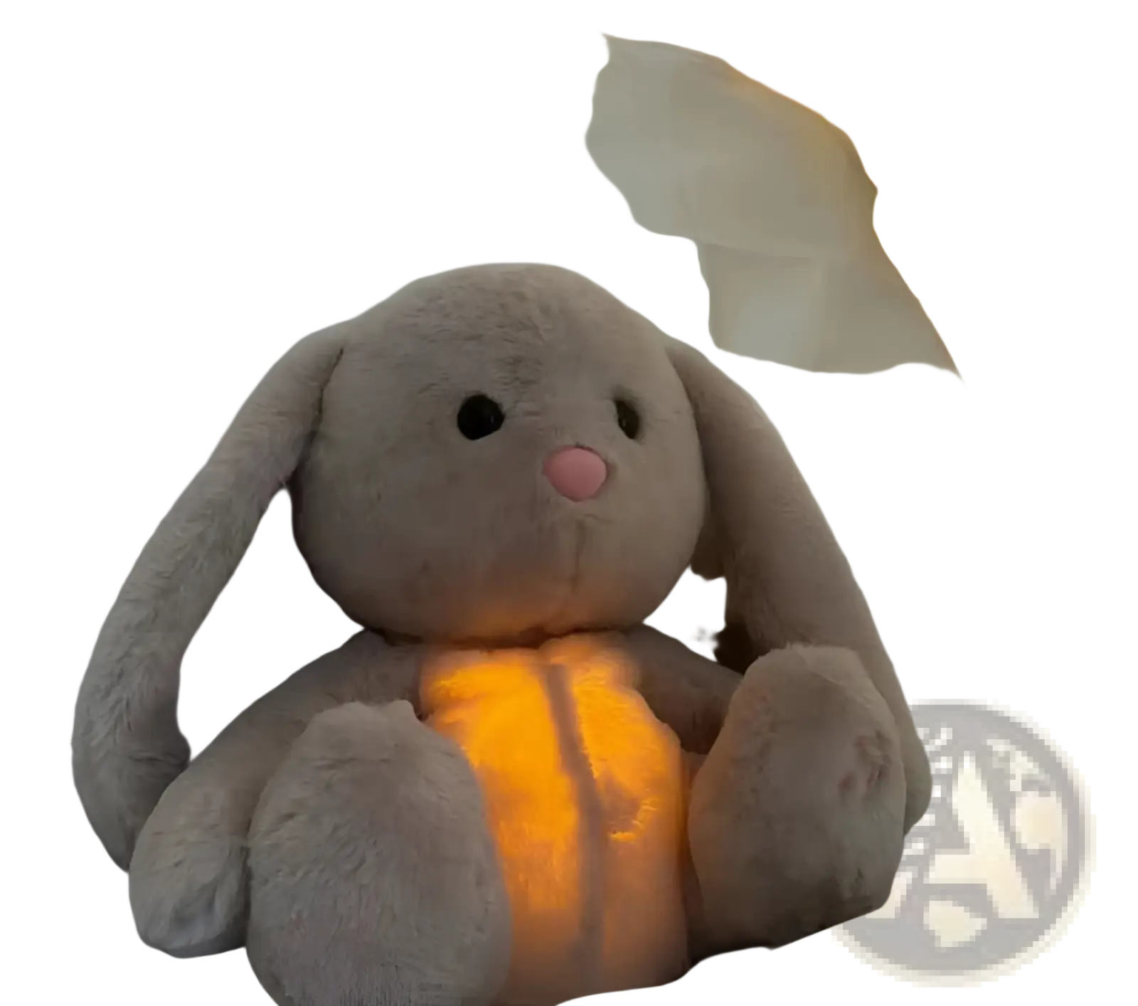A soft gray plush bunny baby soothing sleep toy with glowing orange light and music breathing feature
