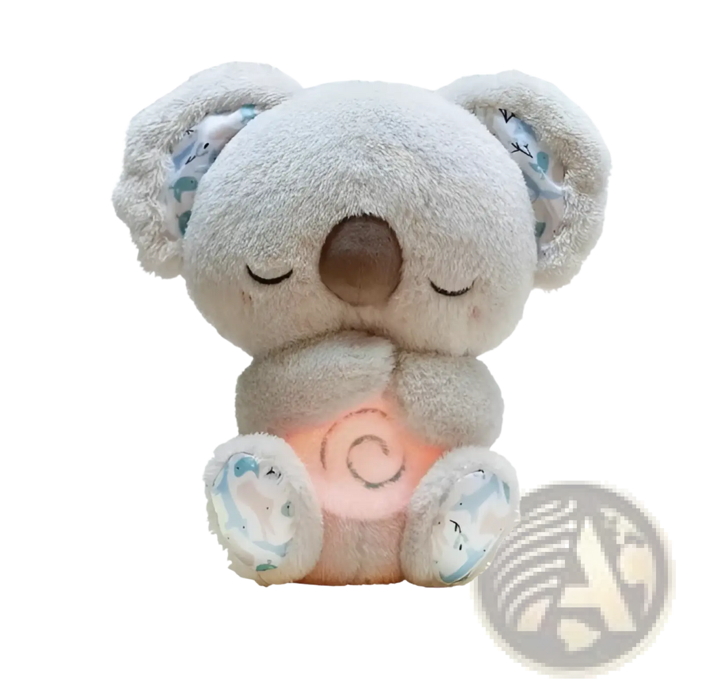 Soft gray plush koala baby soothing sleep toy with embroidered blue and white patterns and glowing orange belly spiral