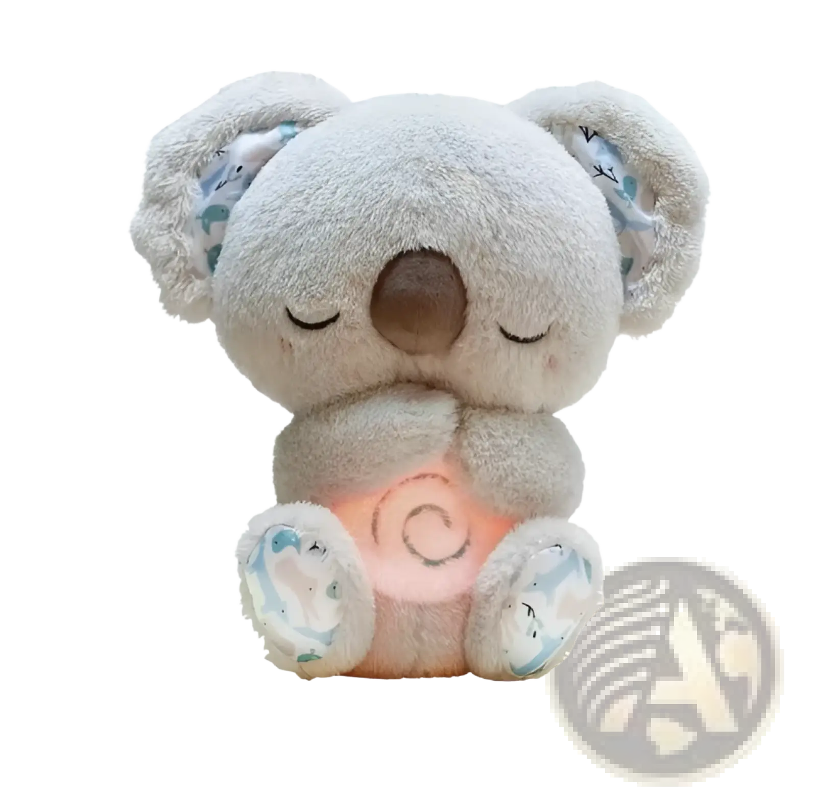 Soft gray plush koala baby soothing sleep toy with embroidered blue and white patterns and glowing orange belly spiral