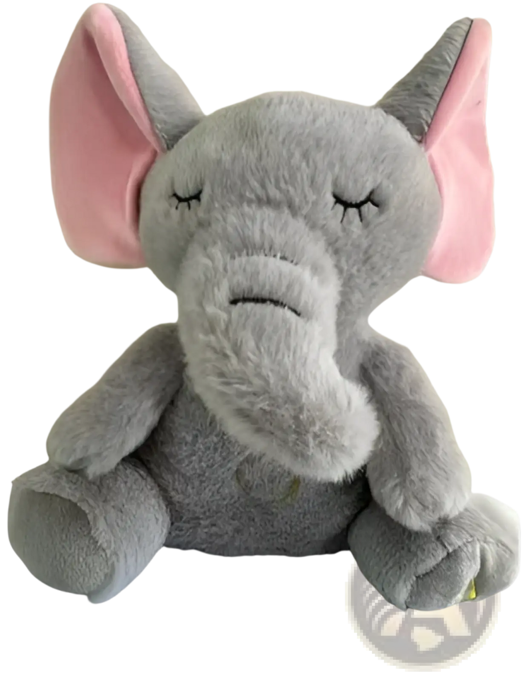 A soft gray plush elephant with pink inner ears and embroidered eyes for baby soothing breathing music sleep toy