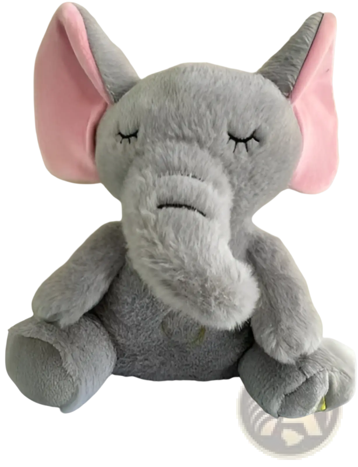 A soft gray plush elephant with pink inner ears and embroidered eyes for baby soothing breathing music sleep toy