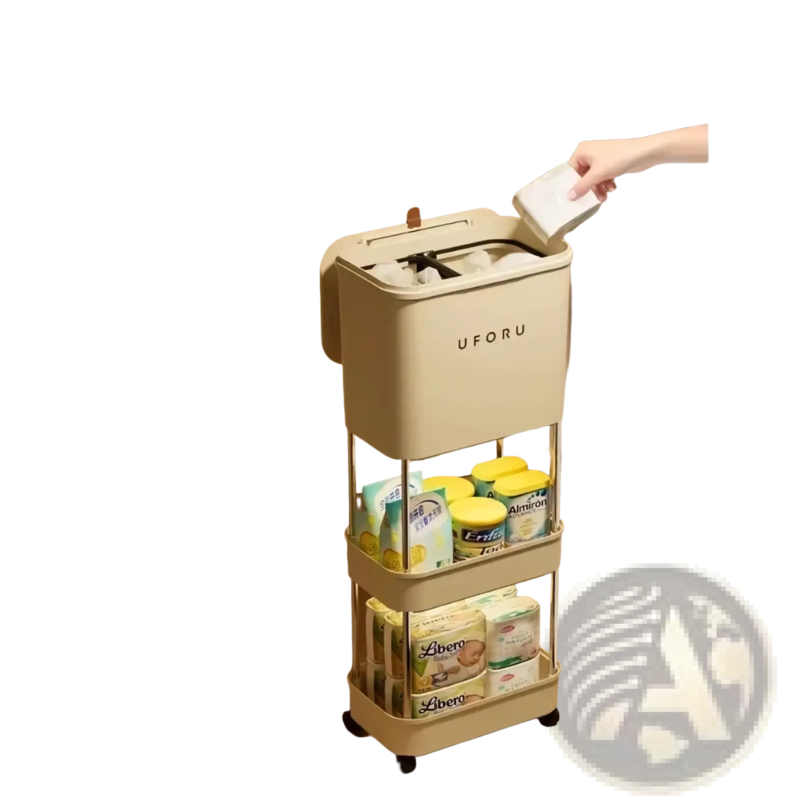 Beige uforu three-tier rolling storage cart with trash compartment and lower shelves holding baby products for organizing