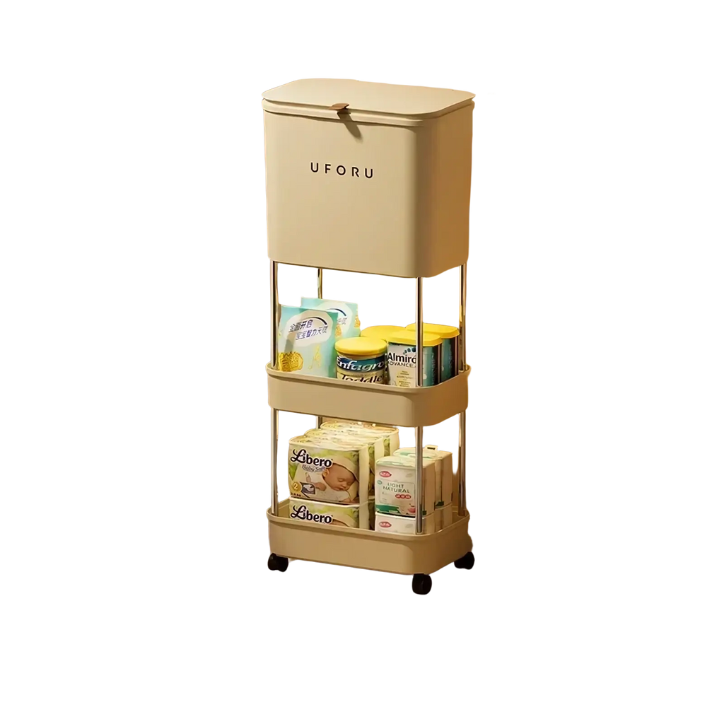 Cream-colored three-tiered baby storage organizer cart made of pp plastic with lid on top shelf and rolling wheels for mobility