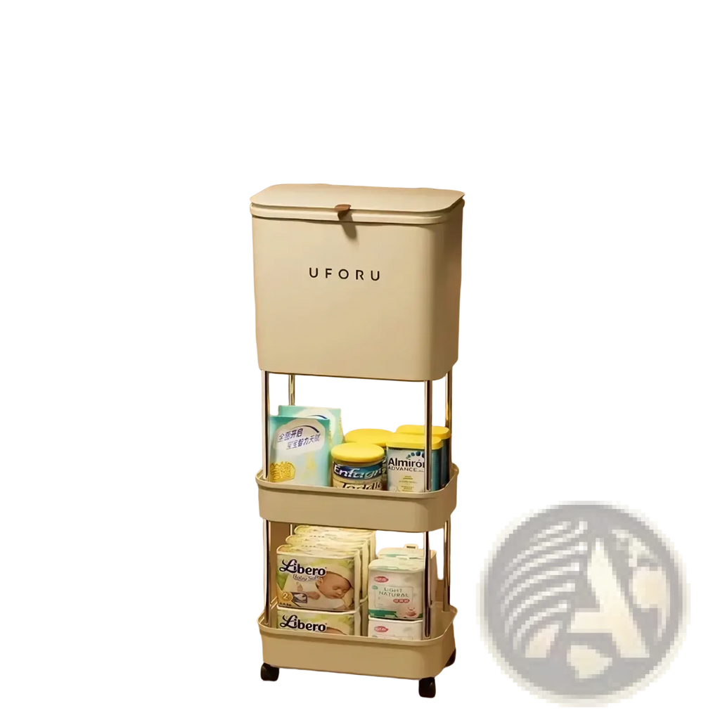 Cream-colored uforu three-tier metal storage cart with black wheels designed for organizing baby essentials and trash