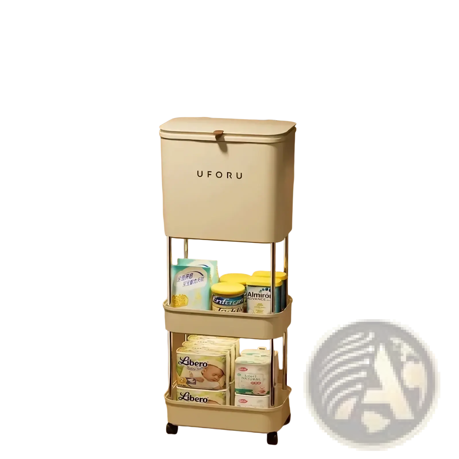 Cream-colored uforu three-tier metal storage cart with black wheels designed for organizing baby essentials and trash