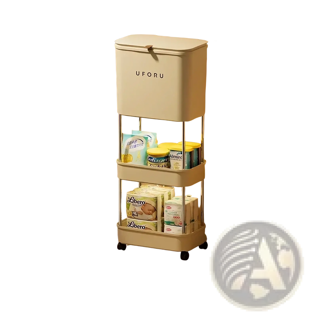 Cream-colored three-tiered baby storage organizer cart made of pp plastic with lid on top shelf and rolling wheels for mobility