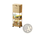 Cream-colored three-tiered baby storage organizer cart made of pp plastic with lid on top shelf and rolling wheels for mobility