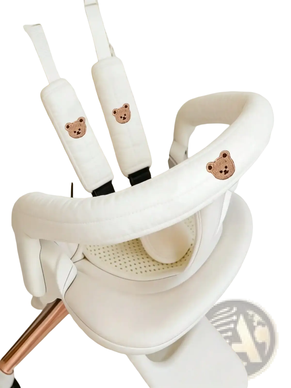 White plush baby stroller safety harness covers with embroidered brown bear faces for baby stroller accessory set