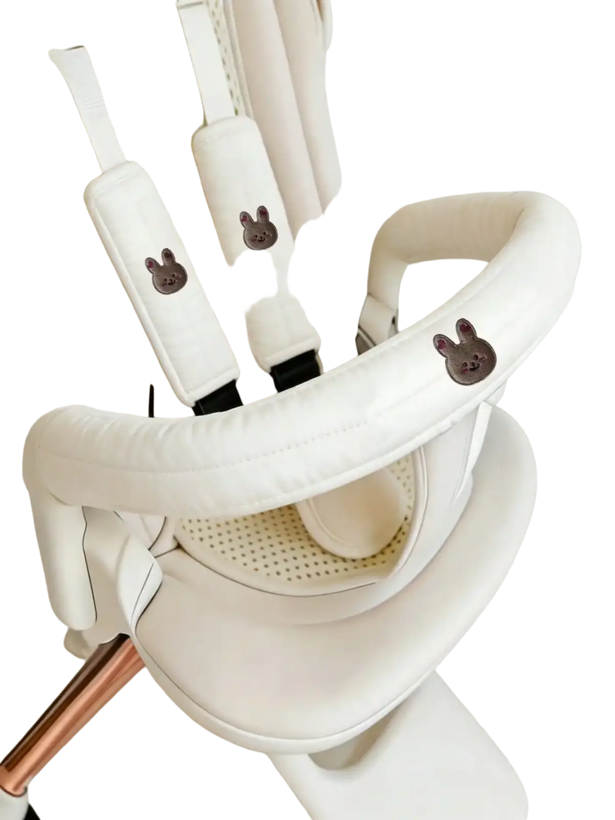 Cream-colored padded stroller harness straps with soft fabric and embroidered brown bunny appliqués from baby stroller accessory set embroidered bear cover