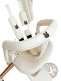 Cream-colored padded stroller harness straps with soft fabric and embroidered brown bunny appliqués from baby stroller accessory set embroidered bear cover