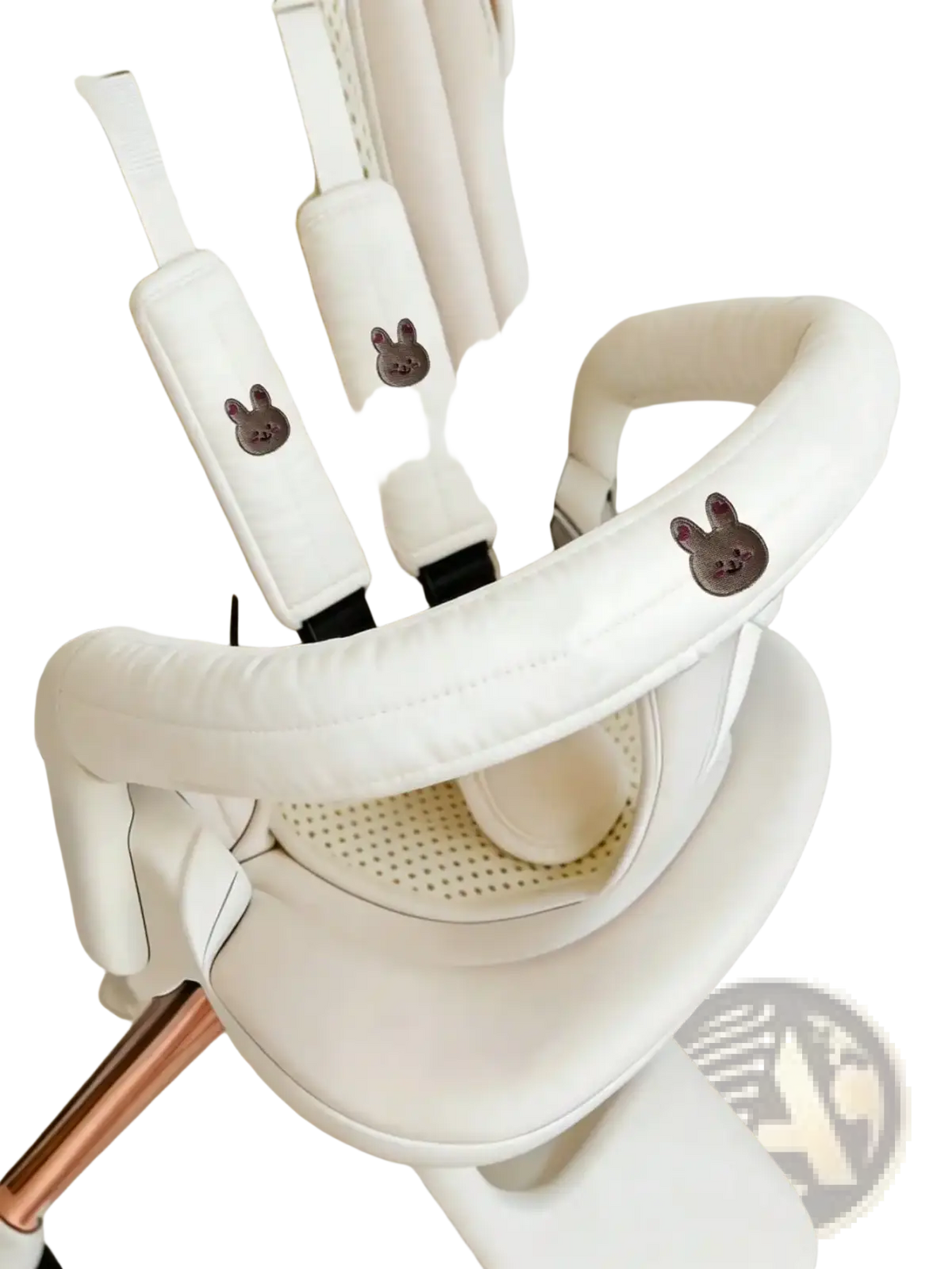 Cream-colored padded stroller harness straps with soft fabric and embroidered brown bunny appliqués from baby stroller accessory set embroidered bear cover