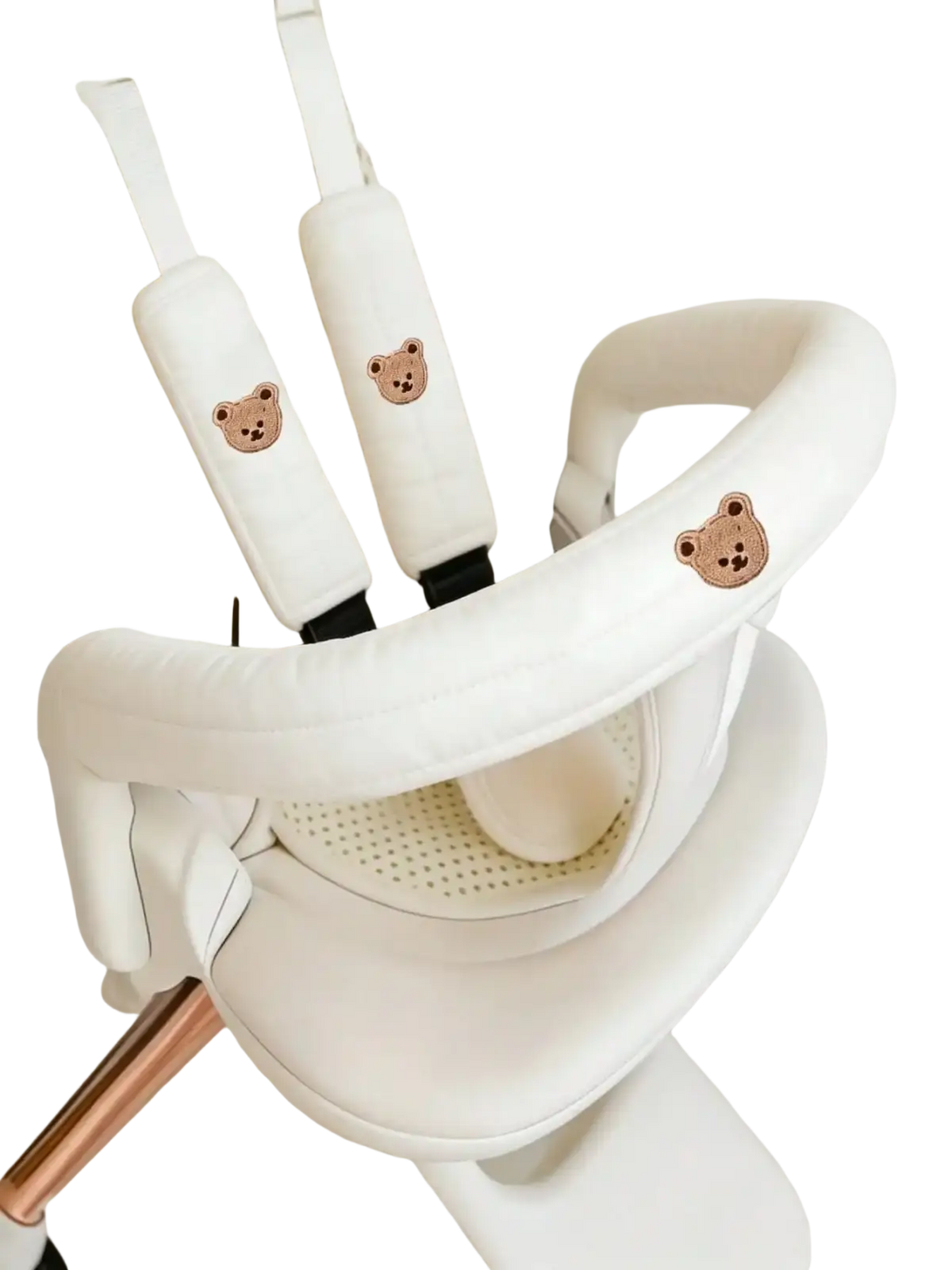 White plush baby stroller safety harness covers with embroidered brown bear faces for baby stroller accessory set