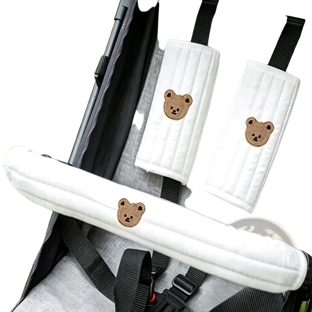 White quilted baby stroller safety straps with embroidered brown bear faces from accessory set cover