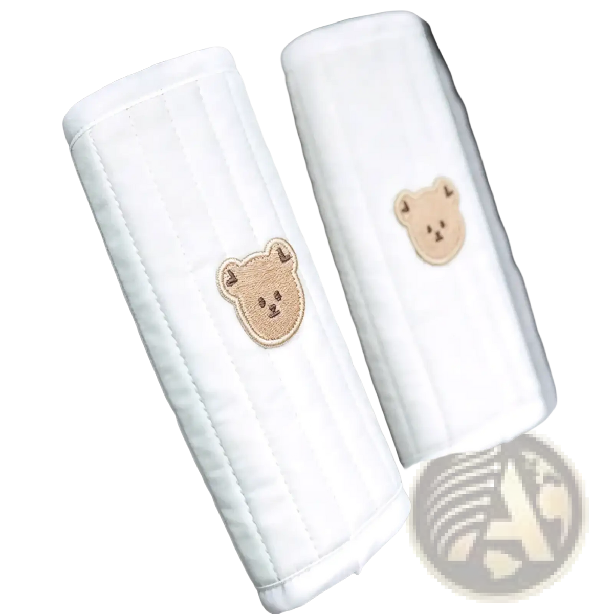 White quilted car seat belt protectors with embroidered beige bear faces for baby stroller accessory set
