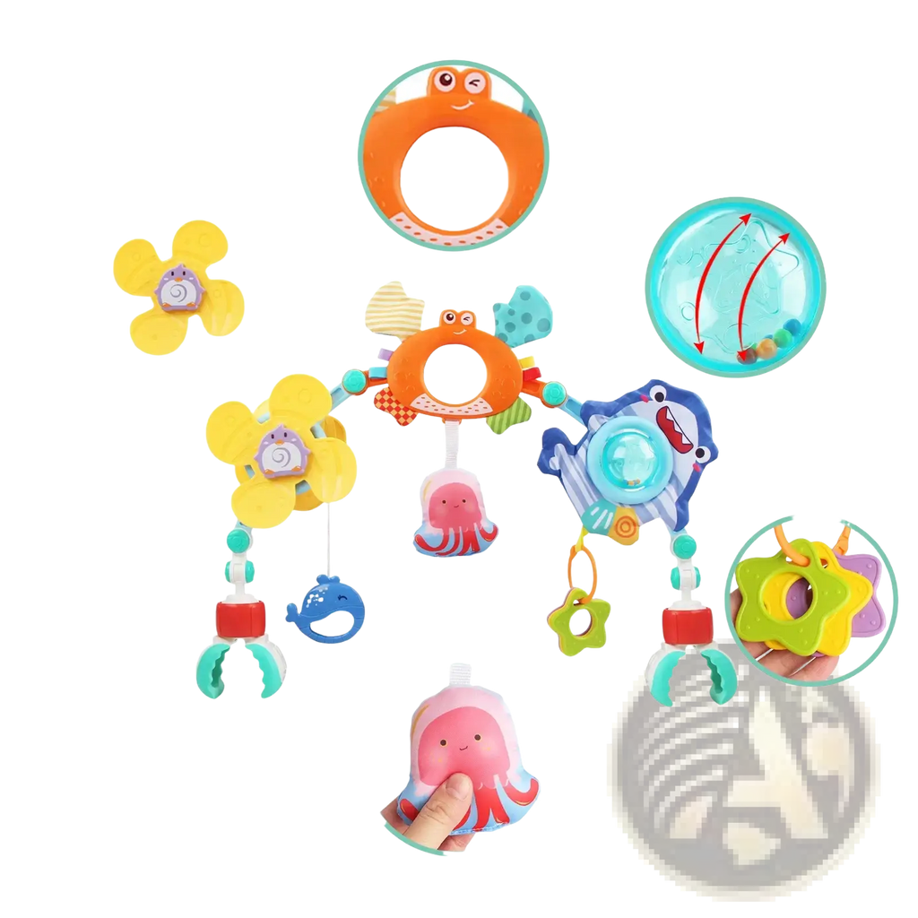 Brightly colored plastic baby stroller arch toys with ocean-themed animals and interactive activity center features