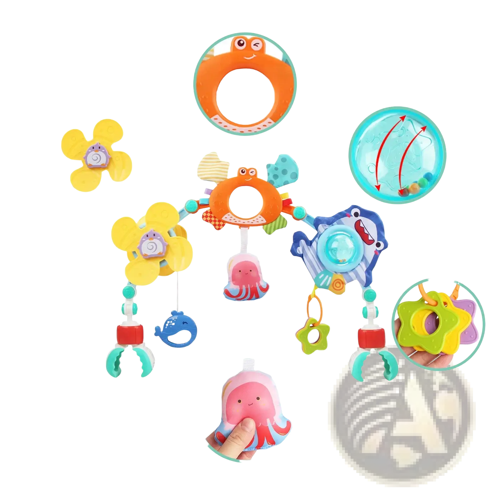 Brightly colored plastic baby stroller arch toys with ocean-themed animals and interactive activity center features