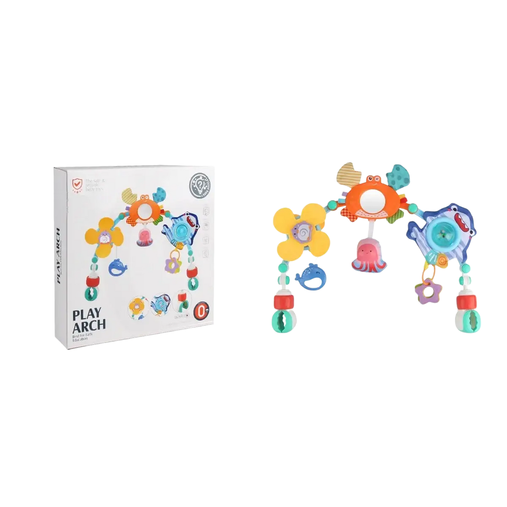 Brightly colored plastic baby stroller arch toys with ocean-themed dangling charms for infant activity center