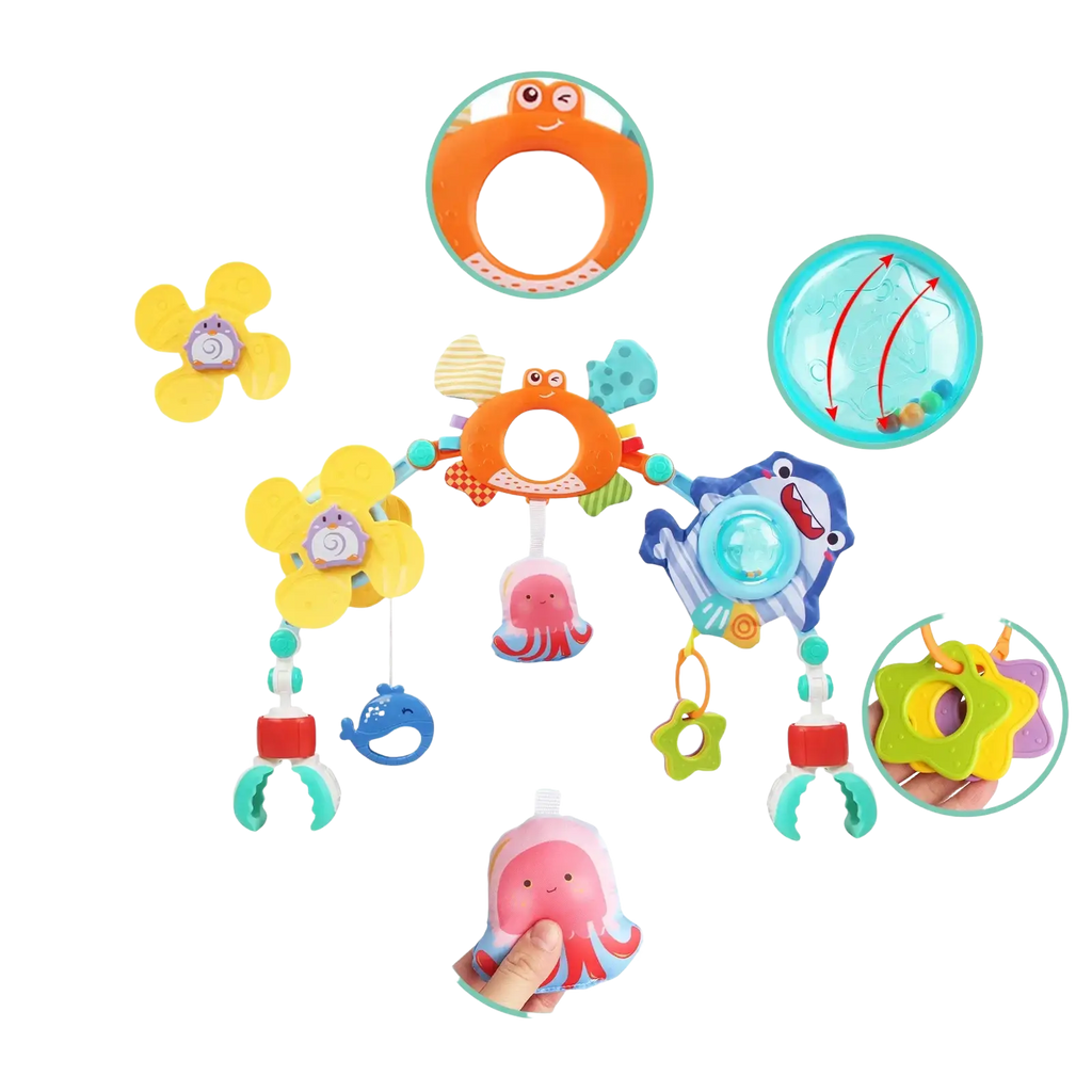 Brightly colored plastic baby stroller arch toys with ocean-themed animals and interactive activity center features