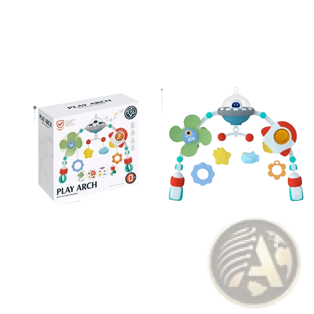 Colorful plastic baby stroller arch toys with a space-themed design and green blue red yellow dangling toys