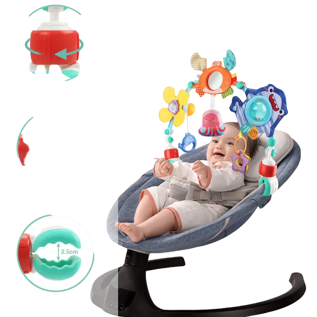Colorful baby stroller arch toys ocean activity center with plush sea creatures flowers and red teal clip-on parts